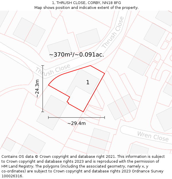 1, THRUSH CLOSE, CORBY, NN18 8FG: Plot and title map