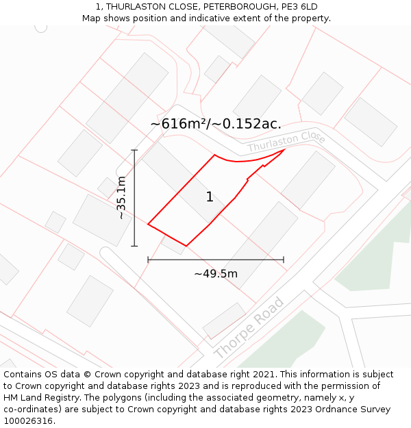 1, THURLASTON CLOSE, PETERBOROUGH, PE3 6LD: Plot and title map