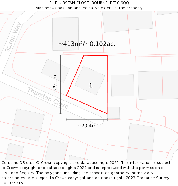 1, THURSTAN CLOSE, BOURNE, PE10 9QQ: Plot and title map