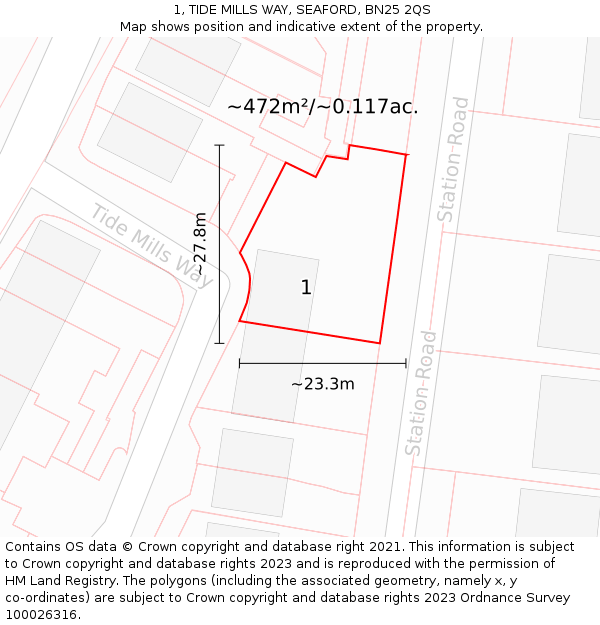 1, TIDE MILLS WAY, SEAFORD, BN25 2QS: Plot and title map