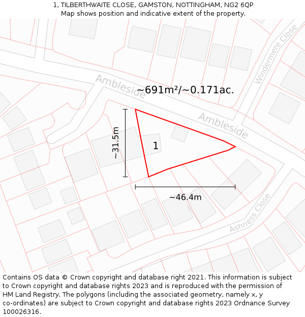 1, TILBERTHWAITE CLOSE, GAMSTON, NOTTINGHAM, NG2 6QP: Plot and title map