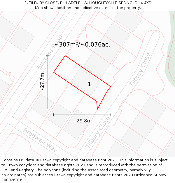 1, TILBURY CLOSE, PHILADELPHIA, HOUGHTON LE SPRING, DH4 4XD: Plot and title map