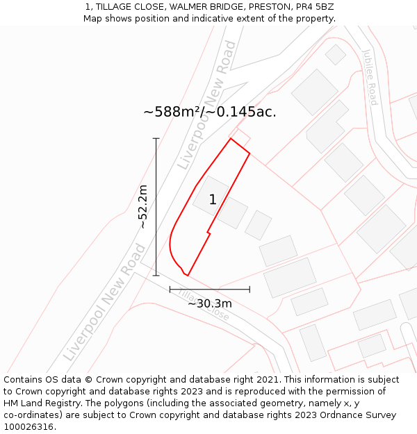 1, TILLAGE CLOSE, WALMER BRIDGE, PRESTON, PR4 5BZ: Plot and title map