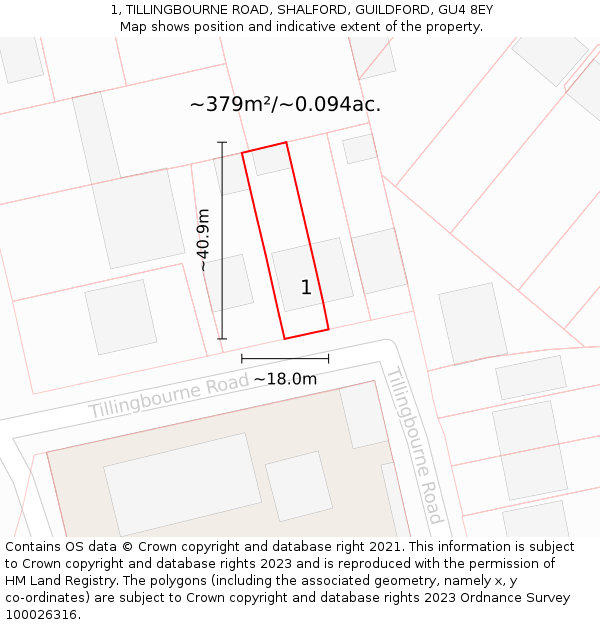 1, TILLINGBOURNE ROAD, SHALFORD, GUILDFORD, GU4 8EY: Plot and title map