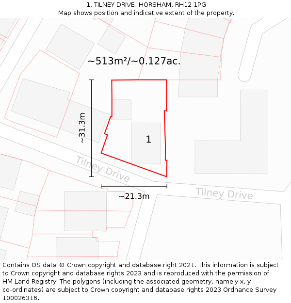 1, TILNEY DRIVE, HORSHAM, RH12 1PG: Plot and title map