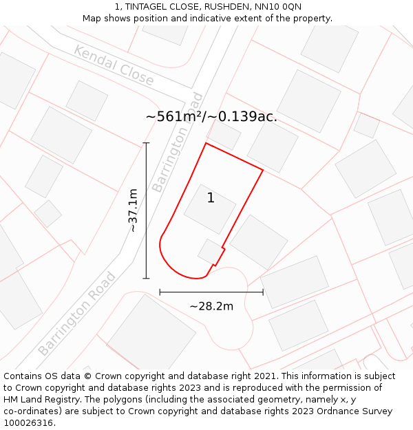 1, TINTAGEL CLOSE, RUSHDEN, NN10 0QN: Plot and title map