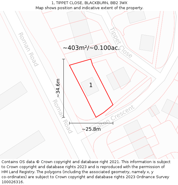 1, TIPPET CLOSE, BLACKBURN, BB2 3WX: Plot and title map