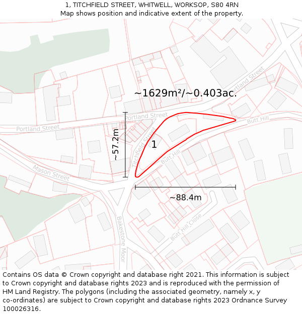 1, TITCHFIELD STREET, WHITWELL, WORKSOP, S80 4RN: Plot and title map