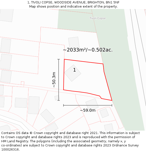 1, TIVOLI COPSE, WOODSIDE AVENUE, BRIGHTON, BN1 5NF: Plot and title map