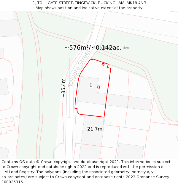 1, TOLL GATE STREET, TINGEWICK, BUCKINGHAM, MK18 4NB: Plot and title map