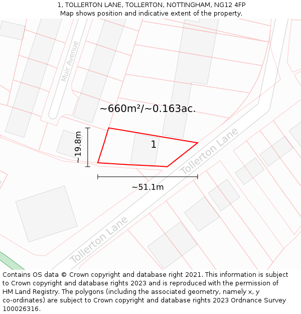 1, TOLLERTON LANE, TOLLERTON, NOTTINGHAM, NG12 4FP: Plot and title map