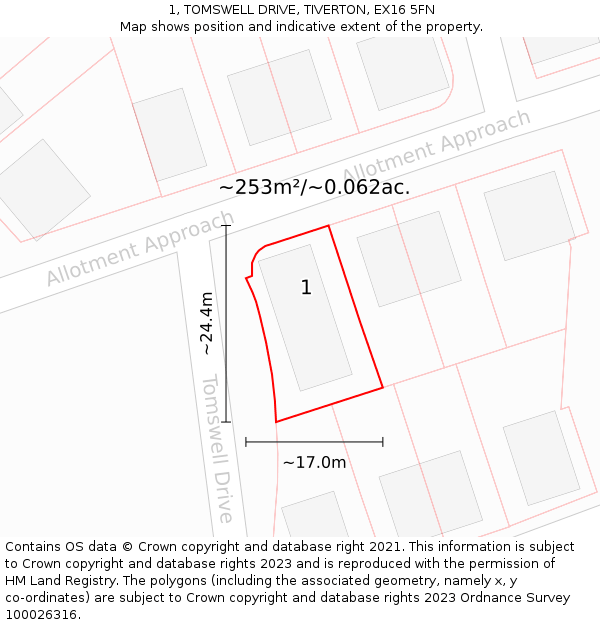1, TOMSWELL DRIVE, TIVERTON, EX16 5FN: Plot and title map