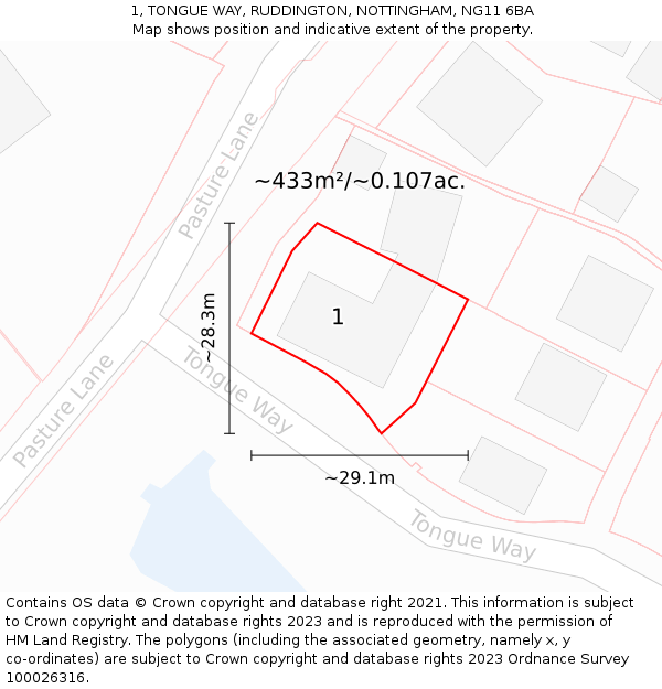 1, TONGUE WAY, RUDDINGTON, NOTTINGHAM, NG11 6BA: Plot and title map