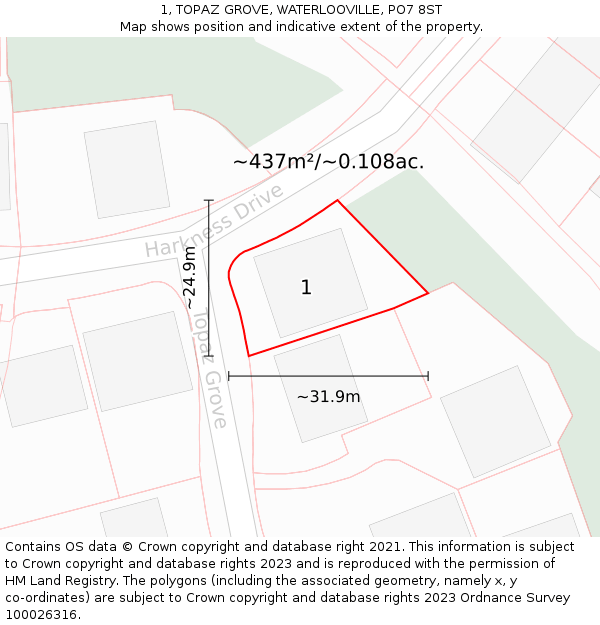 1, TOPAZ GROVE, WATERLOOVILLE, PO7 8ST: Plot and title map