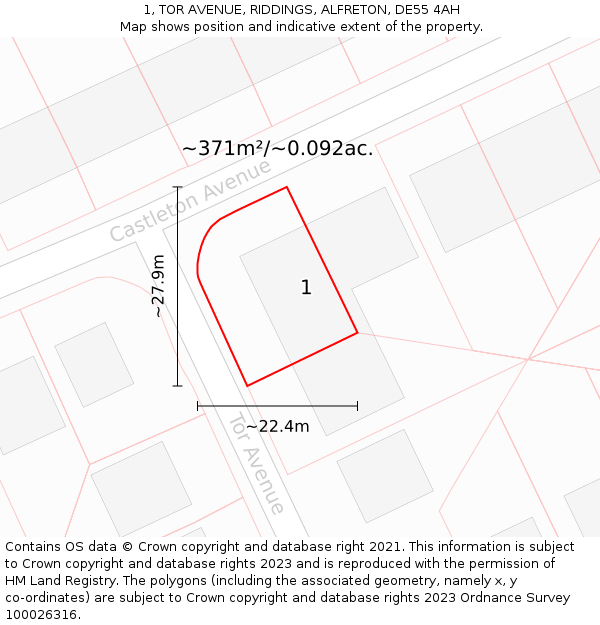 1, TOR AVENUE, RIDDINGS, ALFRETON, DE55 4AH: Plot and title map