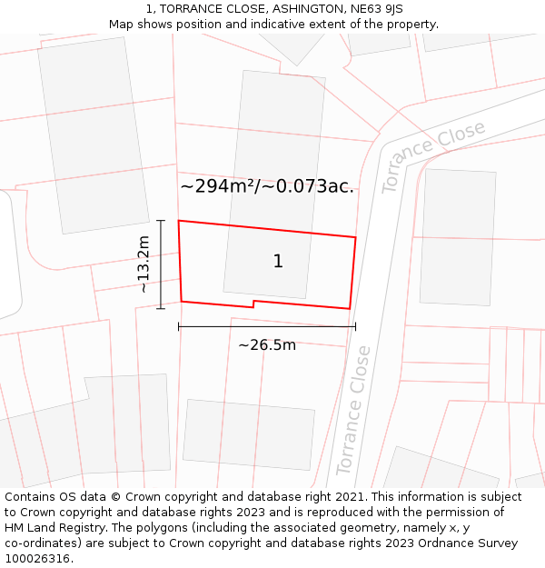 1, TORRANCE CLOSE, ASHINGTON, NE63 9JS: Plot and title map