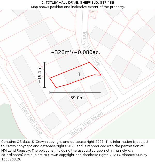 1, TOTLEY HALL DRIVE, SHEFFIELD, S17 4BB: Plot and title map