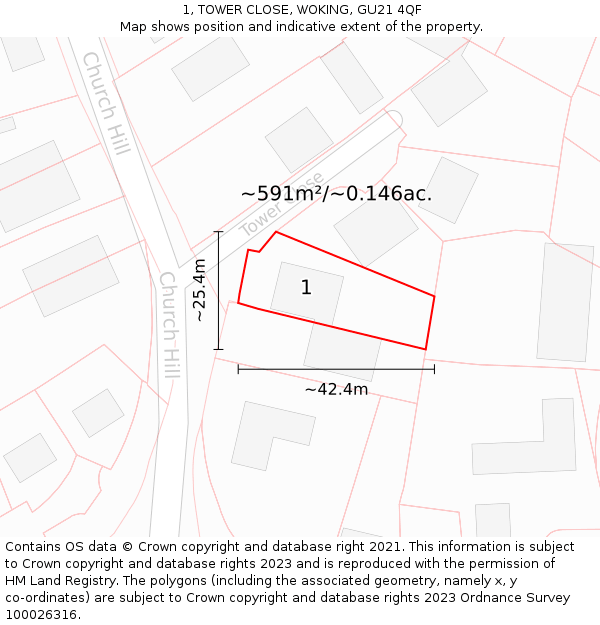 1, TOWER CLOSE, WOKING, GU21 4QF: Plot and title map
