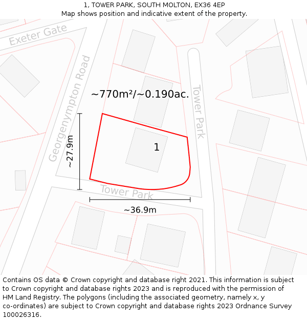 1, TOWER PARK, SOUTH MOLTON, EX36 4EP: Plot and title map