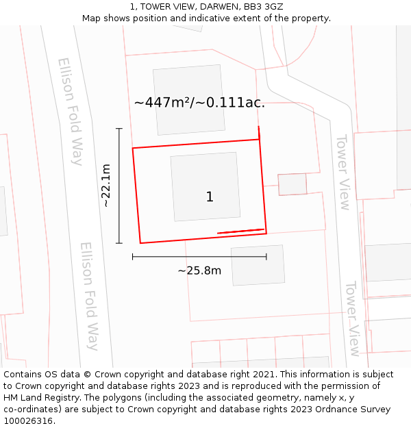 1, TOWER VIEW, DARWEN, BB3 3GZ: Plot and title map