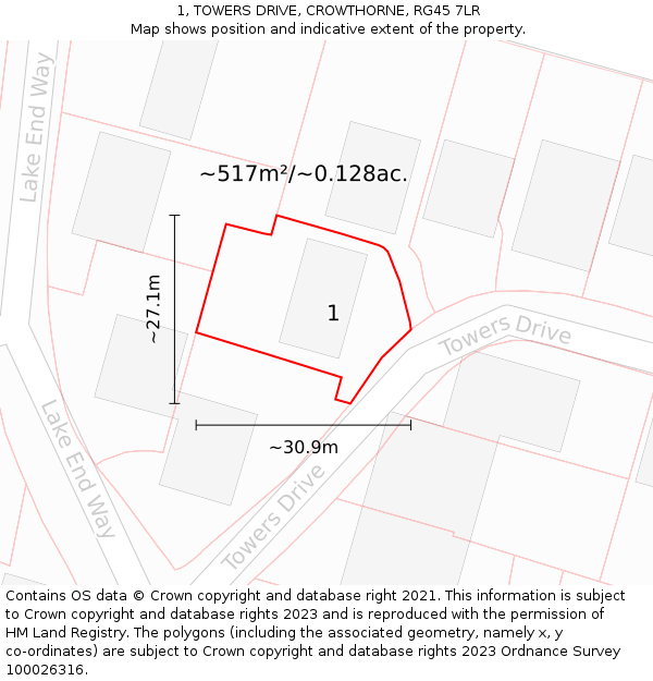 1, TOWERS DRIVE, CROWTHORNE, RG45 7LR: Plot and title map
