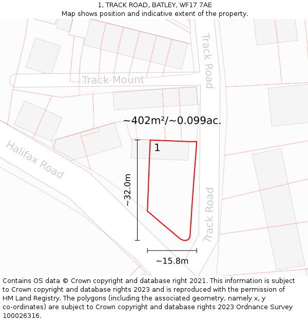 1, TRACK ROAD, BATLEY, WF17 7AE: Plot and title map