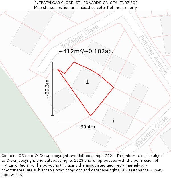 1, TRAFALGAR CLOSE, ST LEONARDS-ON-SEA, TN37 7QP: Plot and title map