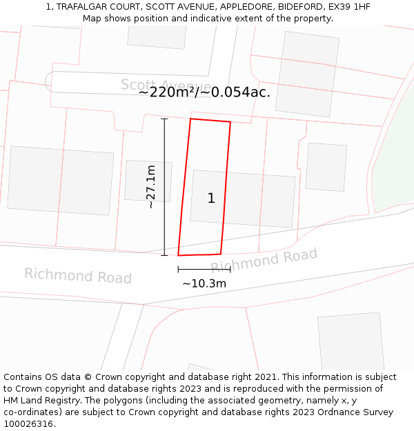 1, TRAFALGAR COURT, SCOTT AVENUE, APPLEDORE, BIDEFORD, EX39 1HF: Plot and title map