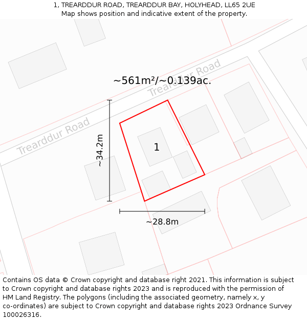 1, TREARDDUR ROAD, TREARDDUR BAY, HOLYHEAD, LL65 2UE: Plot and title map