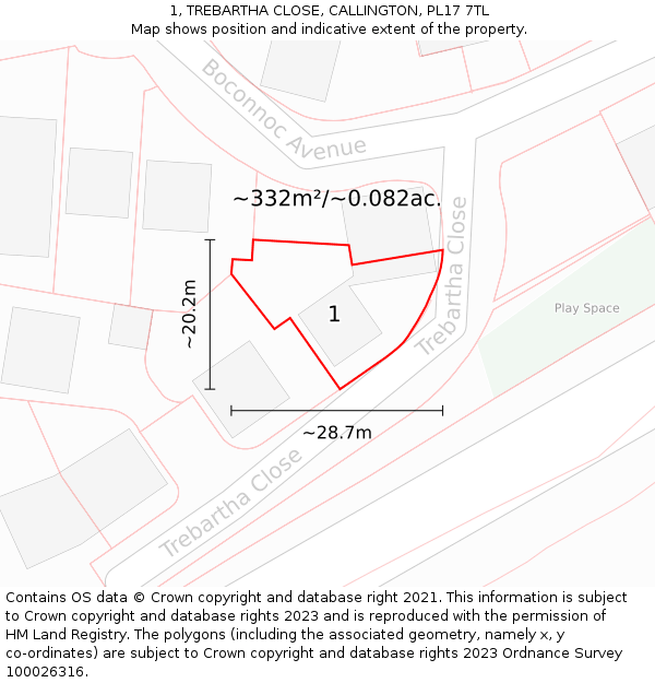 1, TREBARTHA CLOSE, CALLINGTON, PL17 7TL: Plot and title map