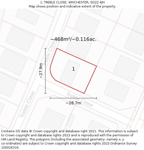 1, TREBLE CLOSE, WINCHESTER, SO22 4JN: Plot and title map