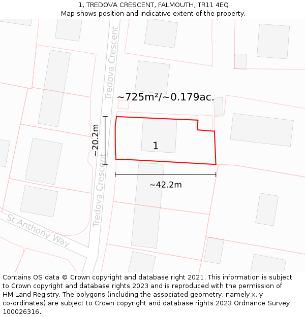 1, TREDOVA CRESCENT, FALMOUTH, TR11 4EQ: Plot and title map