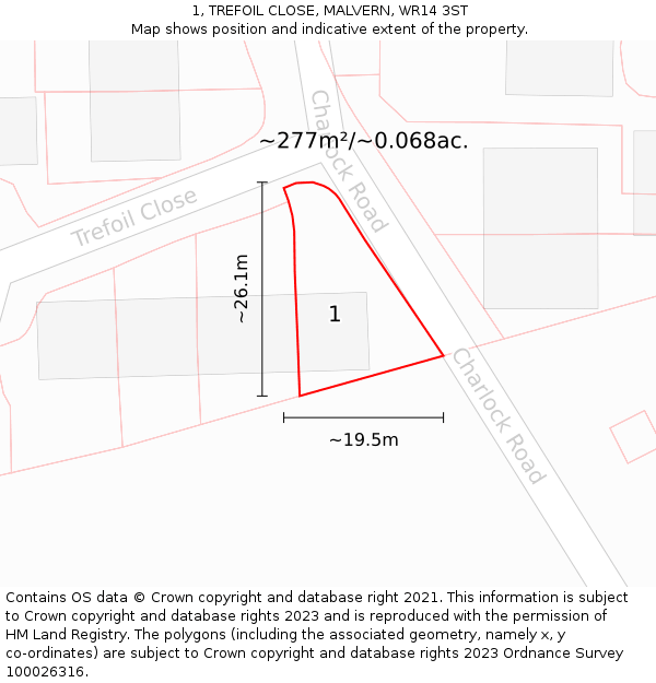 1, TREFOIL CLOSE, MALVERN, WR14 3ST: Plot and title map