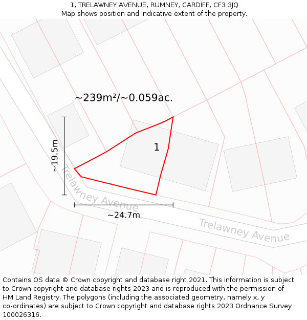 1, TRELAWNEY AVENUE, RUMNEY, CARDIFF, CF3 3JQ: Plot and title map