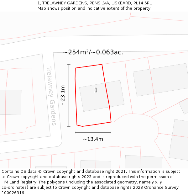 1, TRELAWNEY GARDENS, PENSILVA, LISKEARD, PL14 5PL: Plot and title map