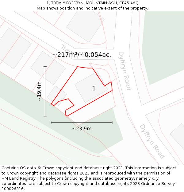 1, TREM Y DYFFRYN, MOUNTAIN ASH, CF45 4AQ: Plot and title map