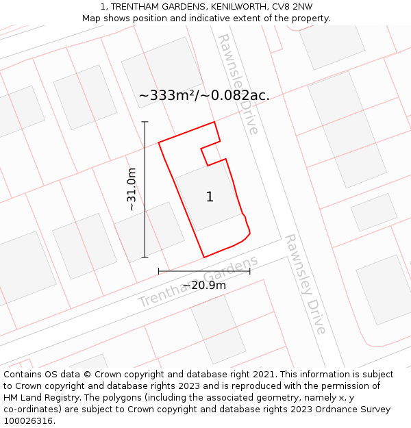 1, TRENTHAM GARDENS, KENILWORTH, CV8 2NW: Plot and title map