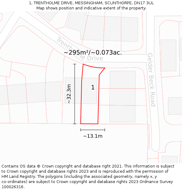 1, TRENTHOLME DRIVE, MESSINGHAM, SCUNTHORPE, DN17 3UL: Plot and title map