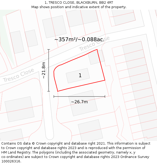 1, TRESCO CLOSE, BLACKBURN, BB2 4RT: Plot and title map