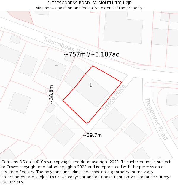 1, TRESCOBEAS ROAD, FALMOUTH, TR11 2JB: Plot and title map