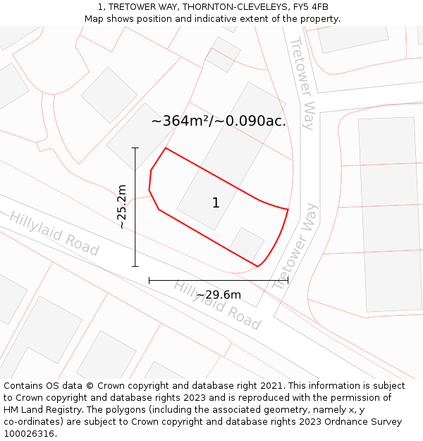 1, TRETOWER WAY, THORNTON-CLEVELEYS, FY5 4FB: Plot and title map