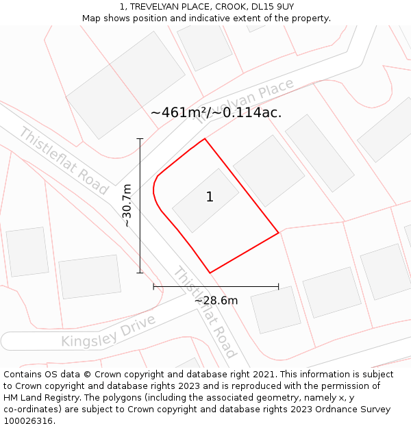 1, TREVELYAN PLACE, CROOK, DL15 9UY: Plot and title map