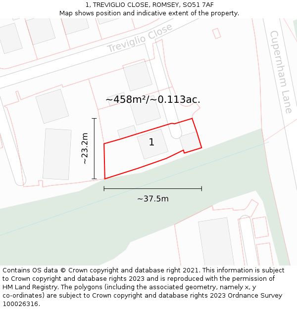 1, TREVIGLIO CLOSE, ROMSEY, SO51 7AF: Plot and title map