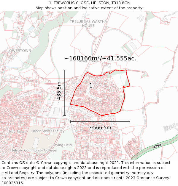 1, TREWORLIS CLOSE, HELSTON, TR13 8GN: Plot and title map