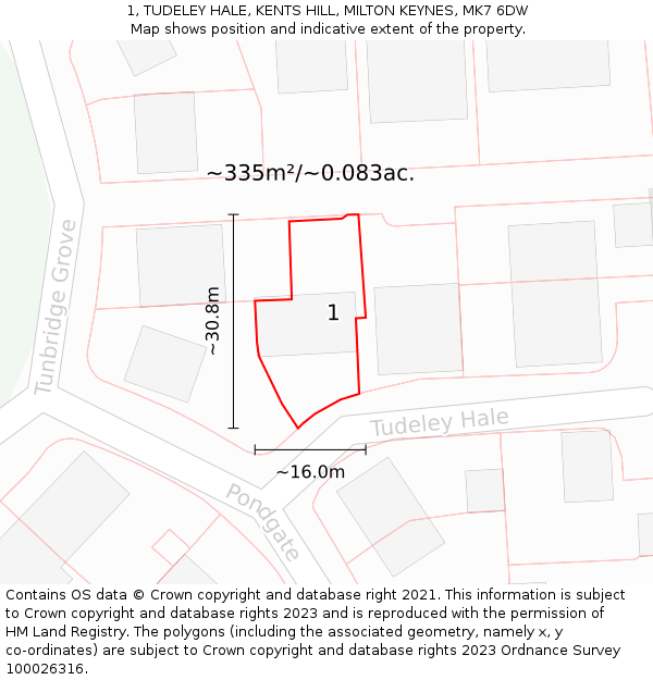 1, TUDELEY HALE, KENTS HILL, MILTON KEYNES, MK7 6DW: Plot and title map