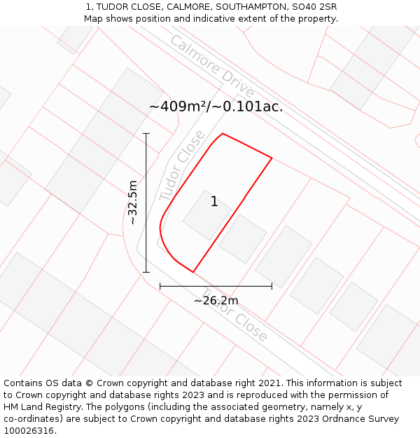 1, TUDOR CLOSE, CALMORE, SOUTHAMPTON, SO40 2SR: Plot and title map