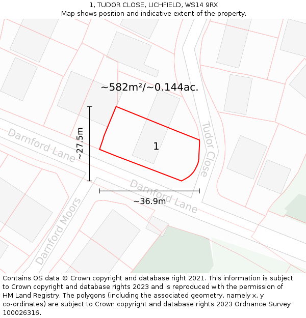 1, TUDOR CLOSE, LICHFIELD, WS14 9RX: Plot and title map