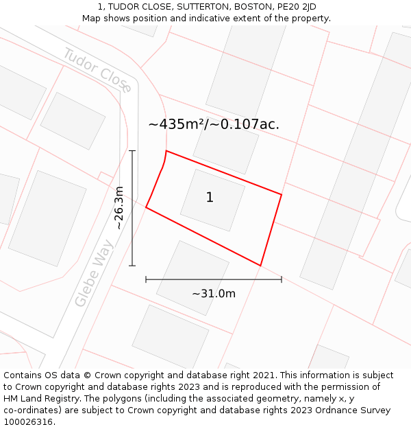 1, TUDOR CLOSE, SUTTERTON, BOSTON, PE20 2JD: Plot and title map