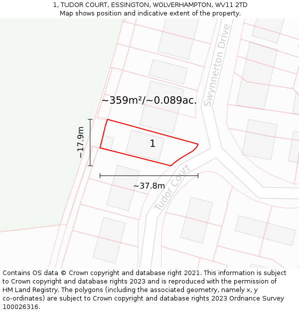 1, TUDOR COURT, ESSINGTON, WOLVERHAMPTON, WV11 2TD: Plot and title map