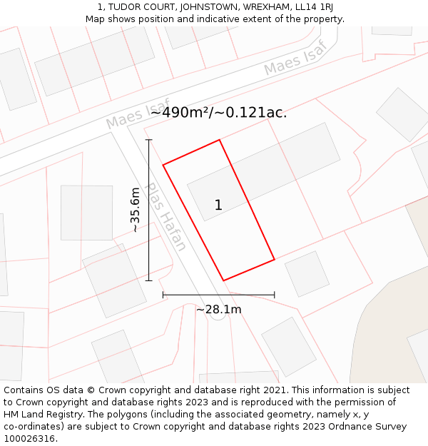 1, TUDOR COURT, JOHNSTOWN, WREXHAM, LL14 1RJ: Plot and title map